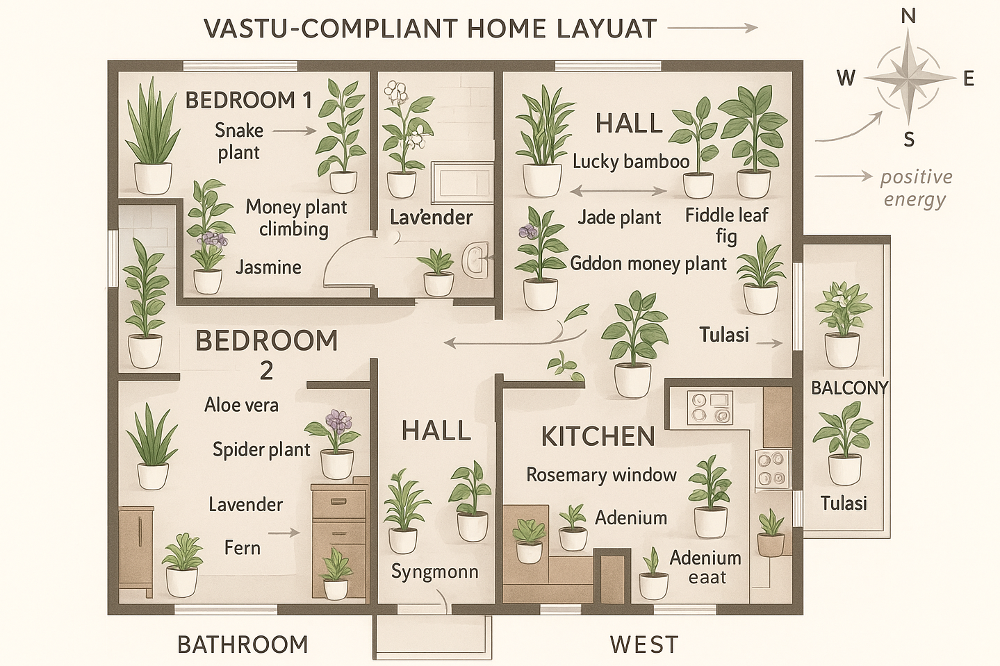 i need some plants need to add like spread the plants here and their keep in them white pot show me which plant where to keep according to vastu keep this plants for the 2 bedrooms , hall , kitchen and bathroom , snake , money , lucky bamboo , jade , alovera , peace lily , spider , rubber , zz ,fiddle leaf fig, syngonium , fern , brahma kamal,jasmine, rosemary , kalancoe , adenium , monstera broken heart , Tulasi , Golden money plant