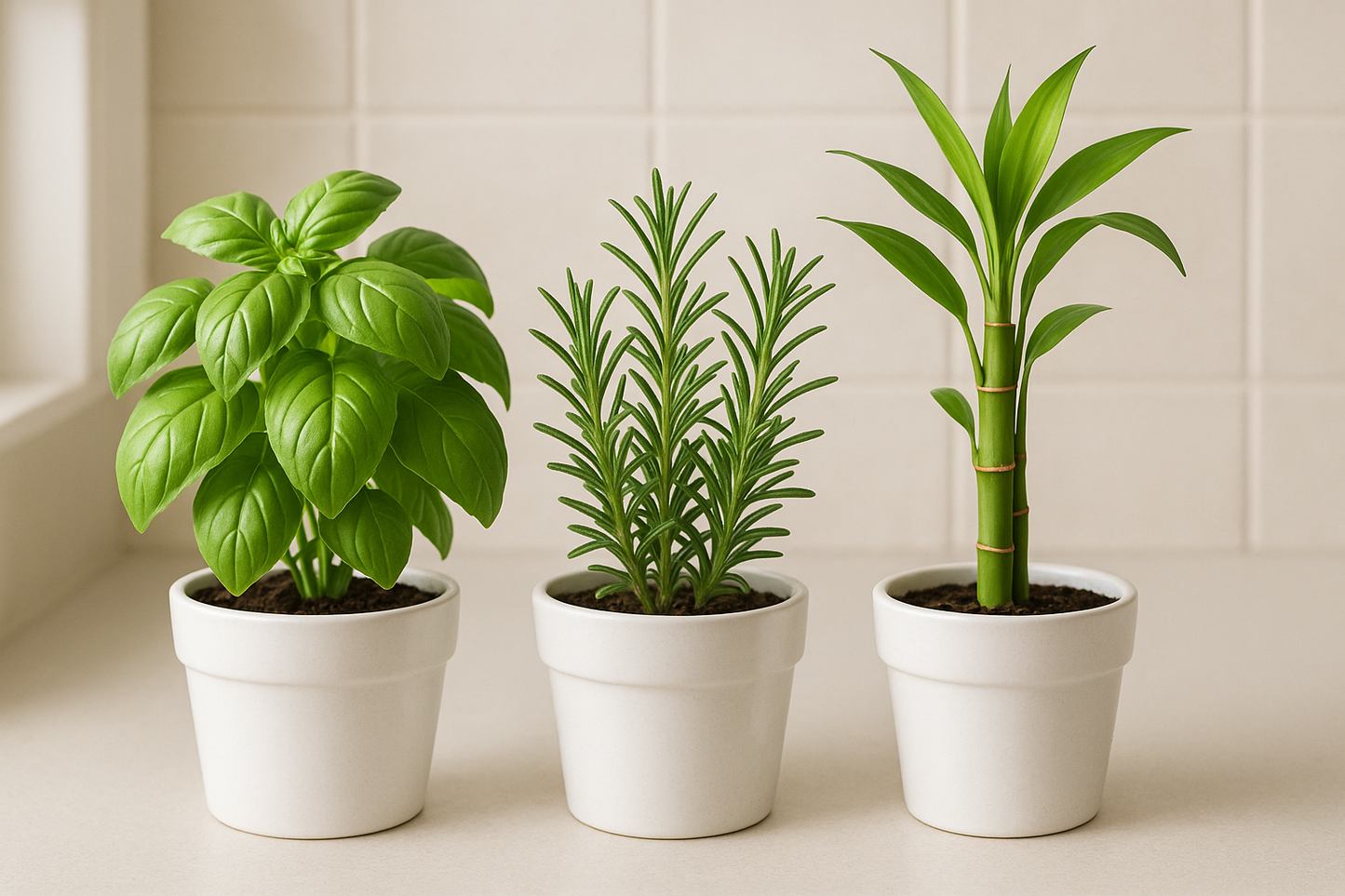 I need the combos of Basil , Rosemary , lucky bamboo plants in white pot of size is 5 inches and the plant will be 5 inches keep the kitchen side and indoor keep all the images in one frame like the combo