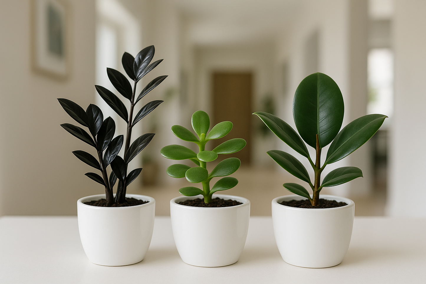 I need the combos of black zz, jade , rubber plants in white pot of size is 5 inches and the plant will be 5 inches keep in the hall side and indoor keep all the images in one frame like the combo