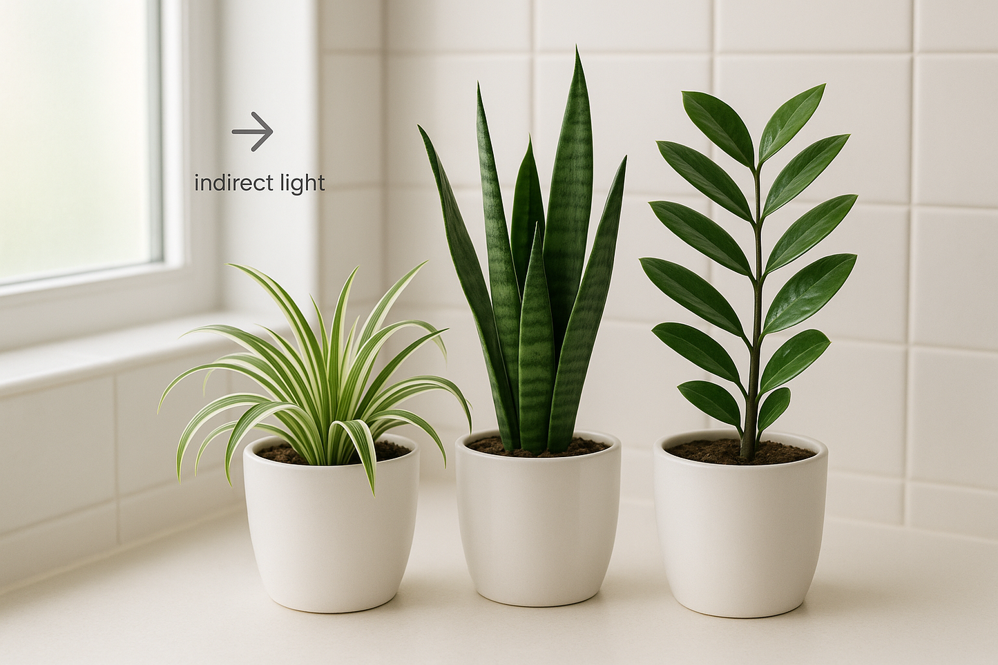 I need the combos of Spider , Snake , Green ZZ in white pot of size is 5 inches and the plant will be 5 inches keep in the bathroom and indoor keep all the images in one frame like the combo and where does this plants we keep and in which direction we keep