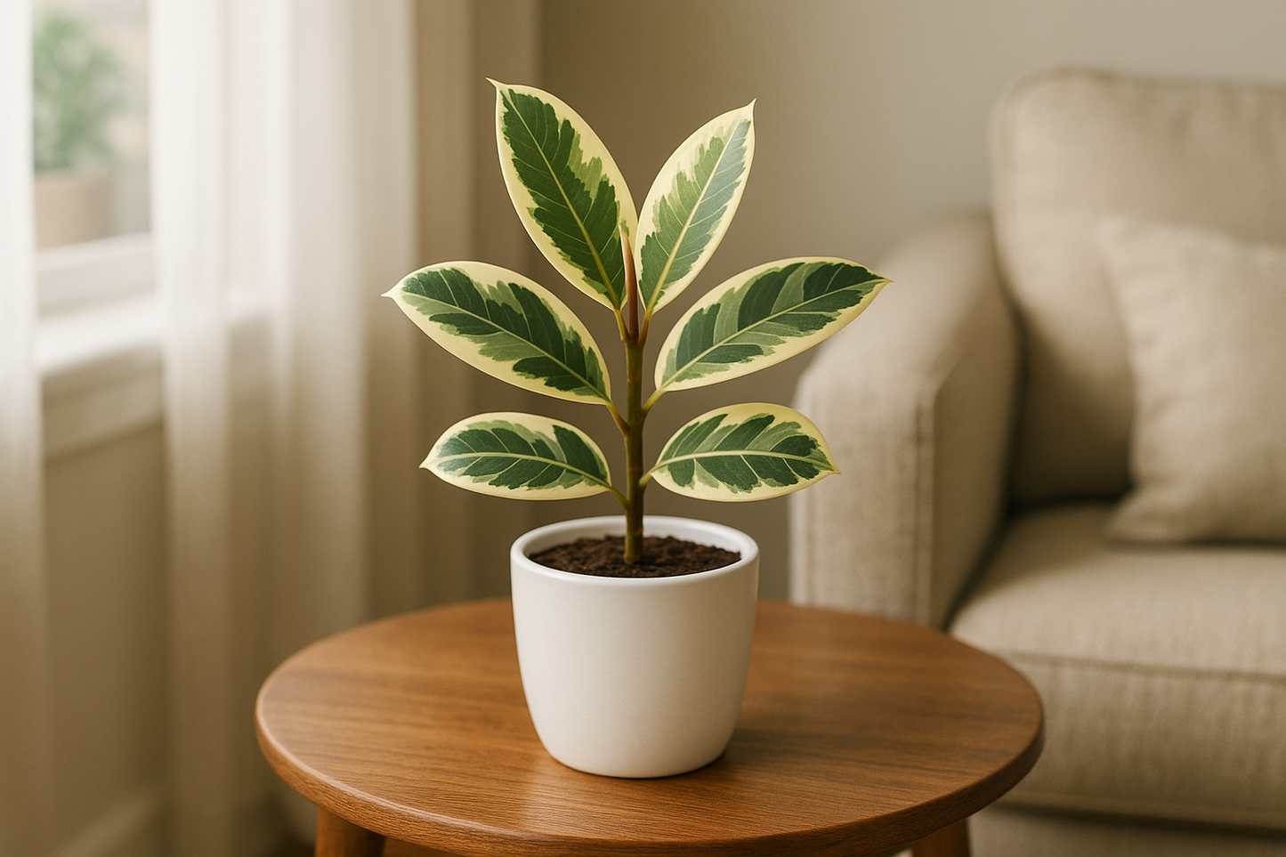 I need the varigated rubber plant plant in white pot of size is 5 inches and the plant will be 5 inches keep as usal where the people keeps this plant in home you only suggest this