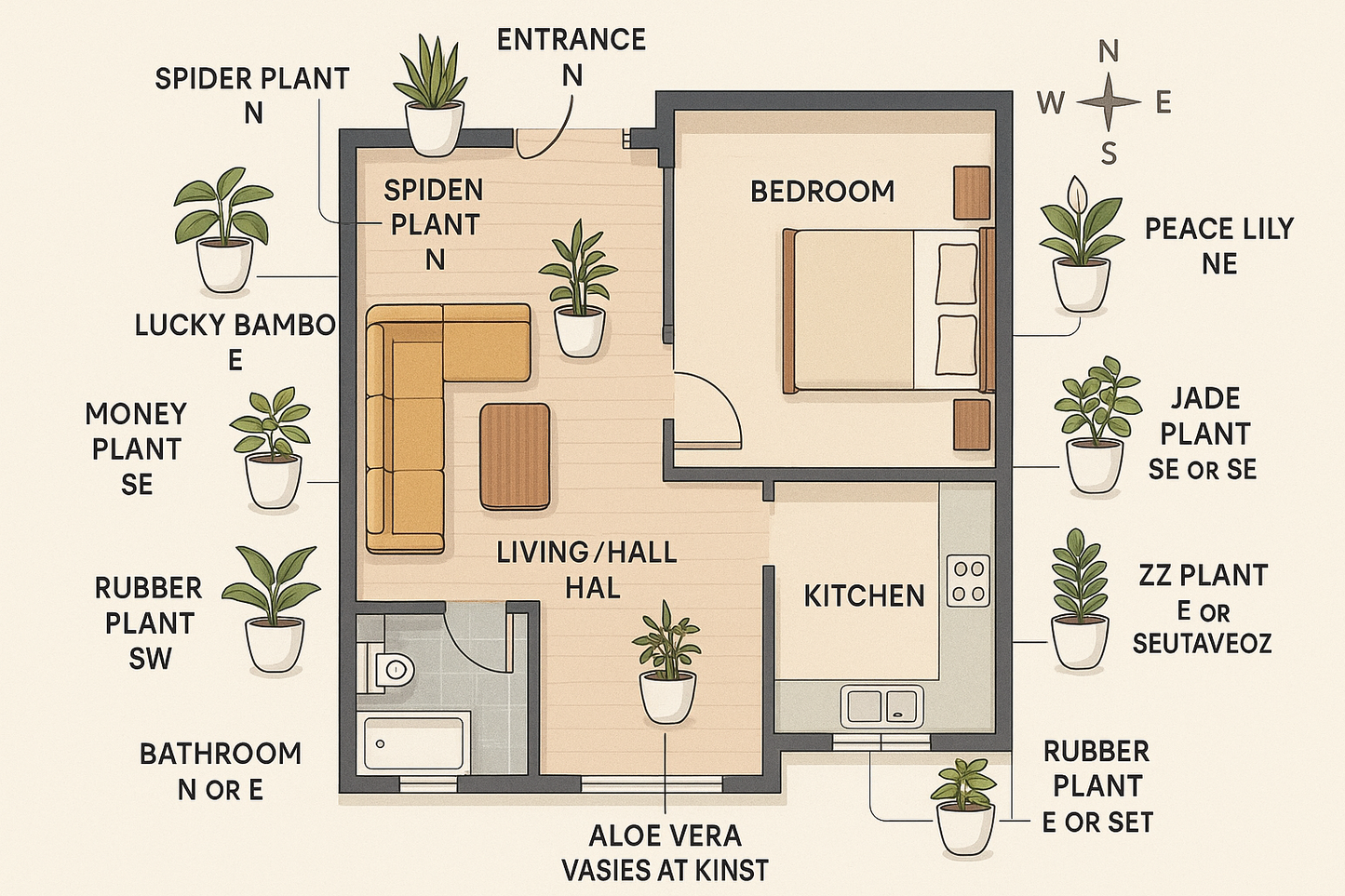 Like i want the plants for the one bed room , hall and kitchen flat i need some plants need to add like spread the plants here and their keep in them white pot show me which plant where to keep according to vastu and keep this plants i will list them are snake plant , money plant , lucky bamboo, jade plant , alovera , peace lily , spider plant , rubber plant ,zz plants keep this according to them