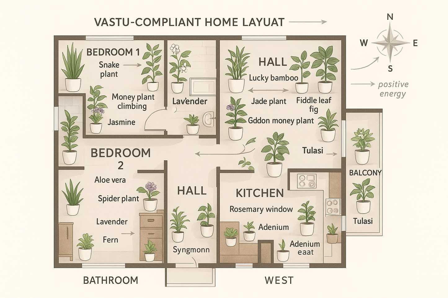  i need some plants need to add like spread the plants here and their keep in them white pot show me which plant where to keep according to vastu  keep this plants for the 2 bedrooms , hall , kitchen and bathroom  ,  snake , money , lucky bamboo , jade , alovera , peace lily , spider , rubber , zz ,fiddle leaf fig, syngonium , fern , brahma kamal,jasmine, rosemary , kalancoe , adenium , monstera broken heart , Tulasi , Golden money plant 