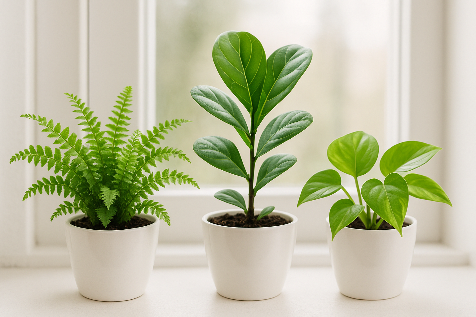I need the combos of fern , fiddle fig , money plants in white pot of size is 5 inches and the plant will be 5 inches keep the window side and indoor keep all the images in one frame like the combo