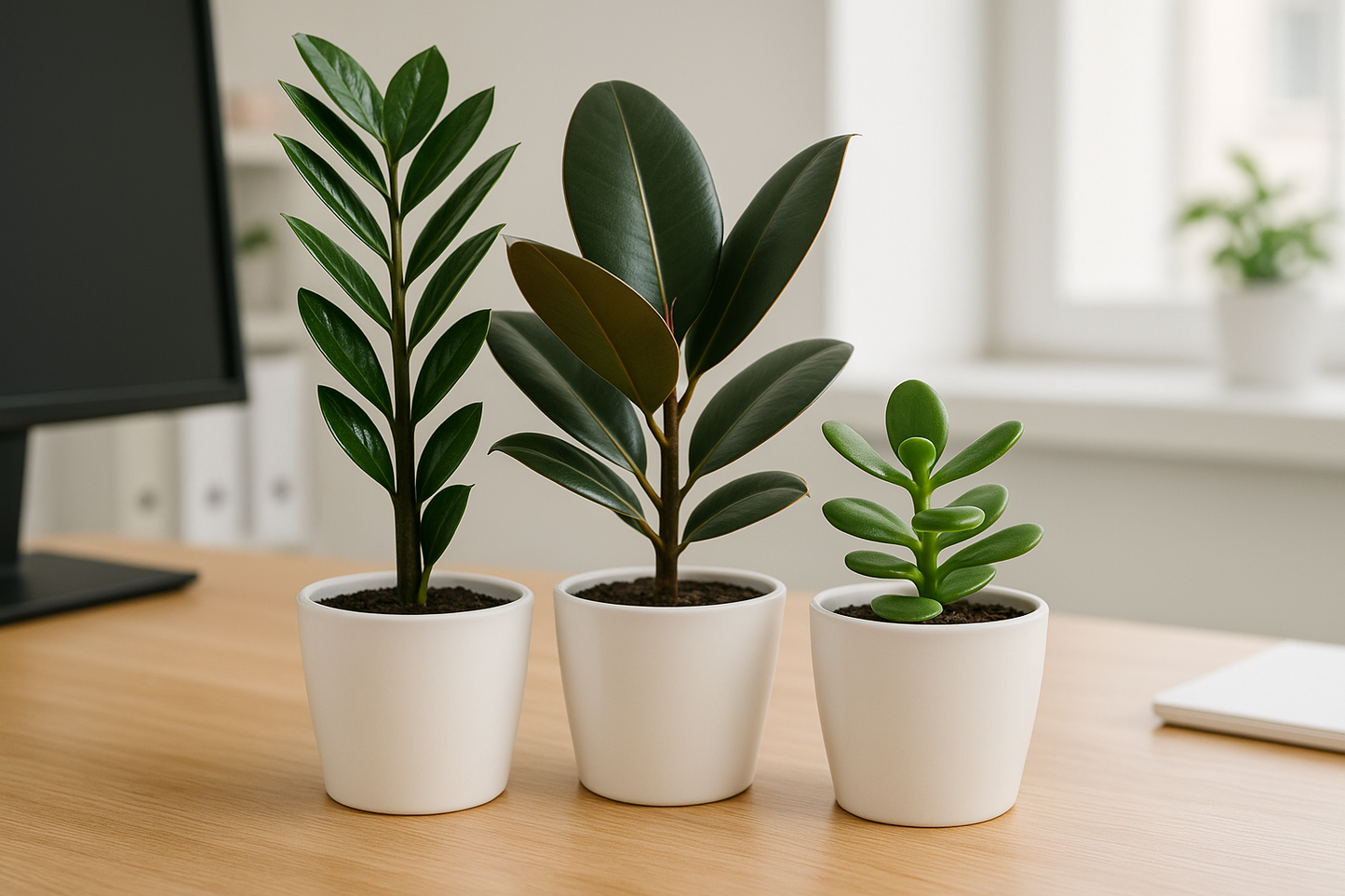 I need the combos of Green ZZ , rubber , jade   in white pot of size is 5 inches and the plant will be 5 inches keep on the work desk and indoor keep all the images in one frame like the combo