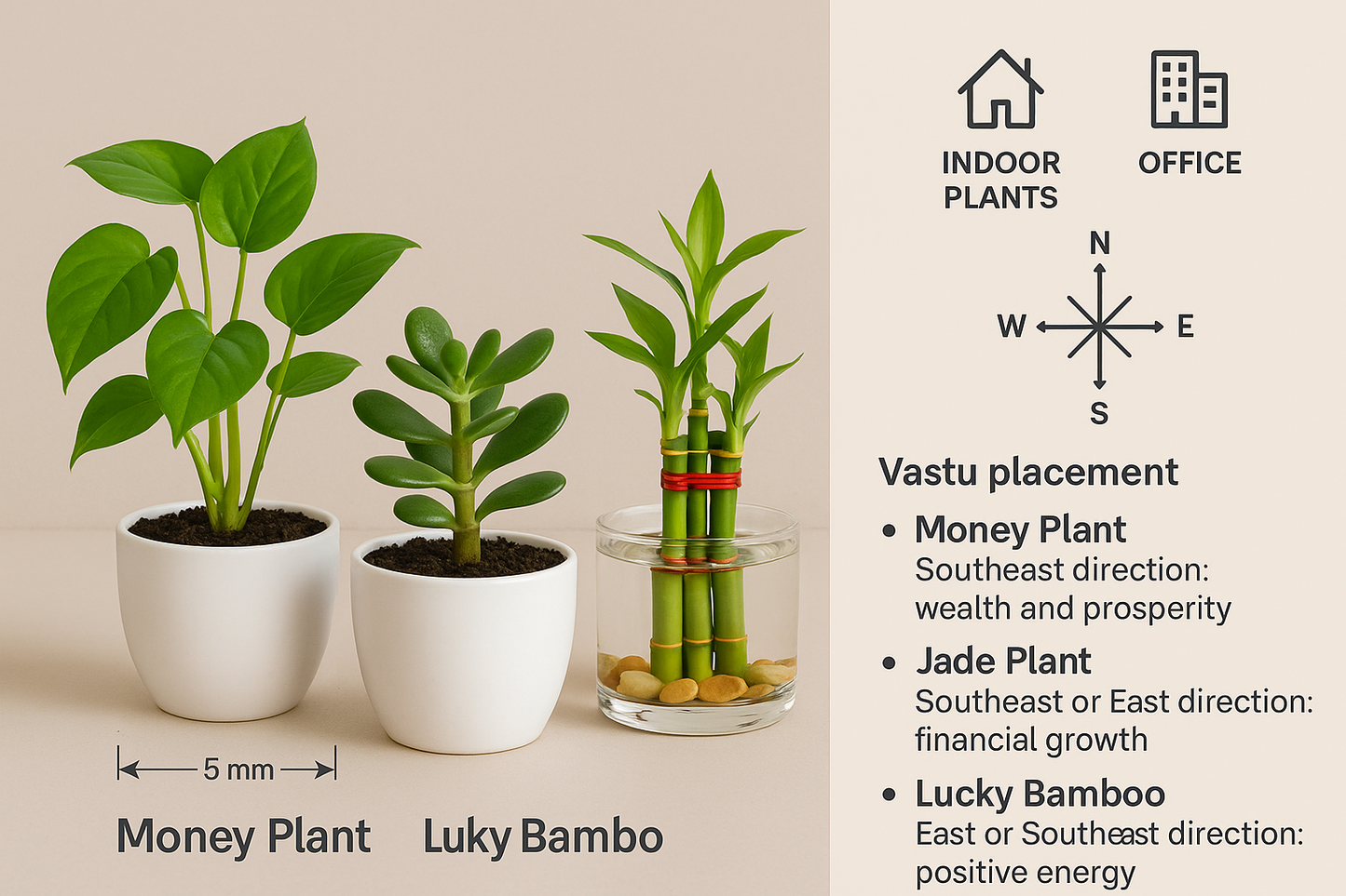 I need the combos of Money , jade , lucky bamboo   in white pot of size is 5 inches and the plant will be 5 inches keep classic vastu  and indoor keep all the images in one frame like the combo and where does this plants we keep and in which direction we keep 