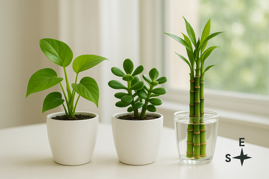 I need the combos of Money , jade , lucky bamboo   in white pot of size is 5 inches and the plant will be 5 inches keep positive trio   and indoor keep all the images in one frame like the combo and where does this plants we keep and in which direction we keep 