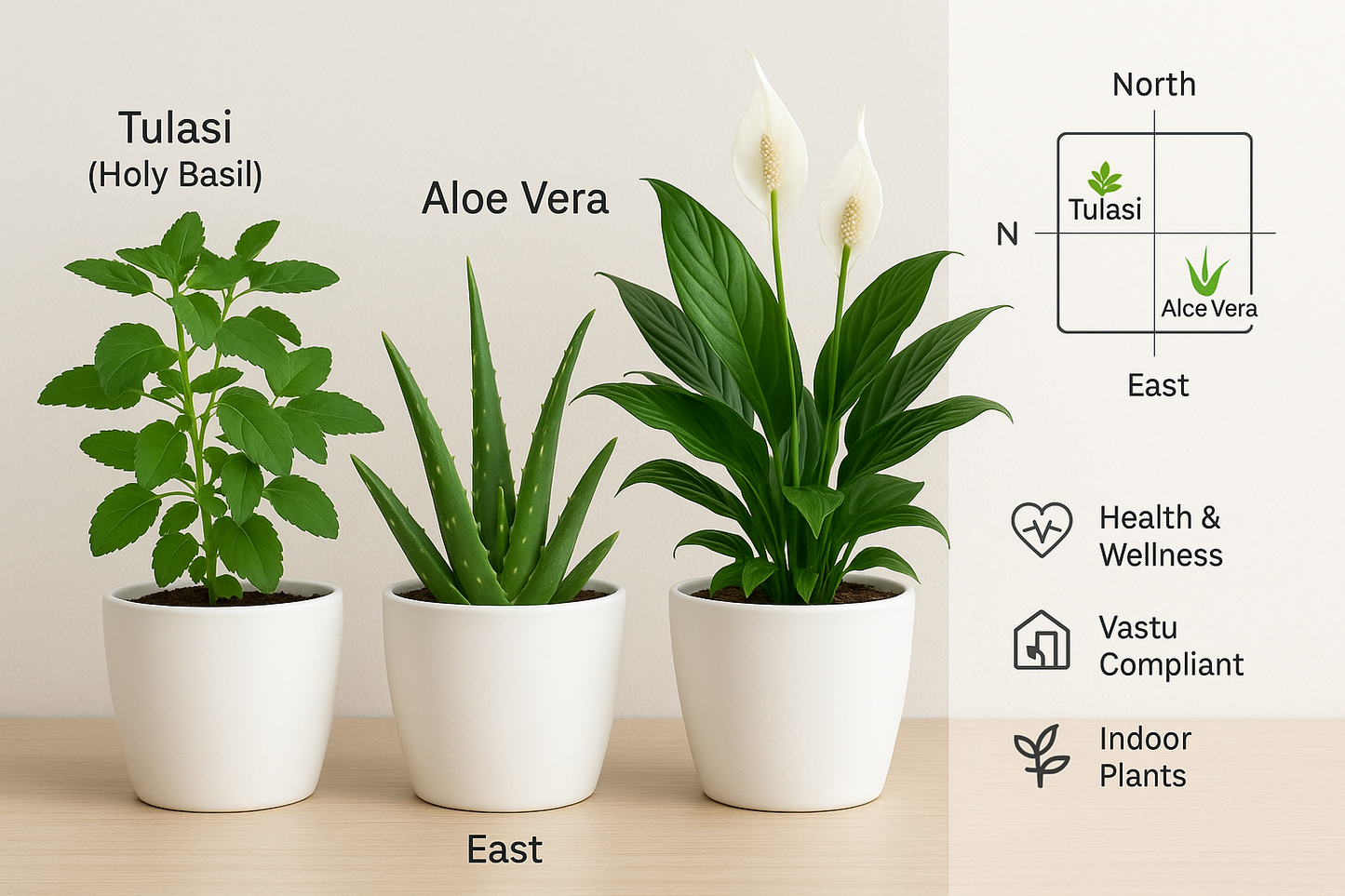 I need the combos of Tulasi , alovera , peace lily    in white pot of size is 5 inches and the plant will be 5 inches keep health & wellness  vastu  and indoor keep all the images in one frame like the combo and where does this plants we keep and in which direction we keep 