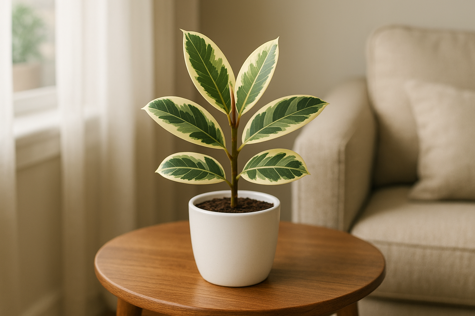 Variegated Rubber Plant + white pot – matho