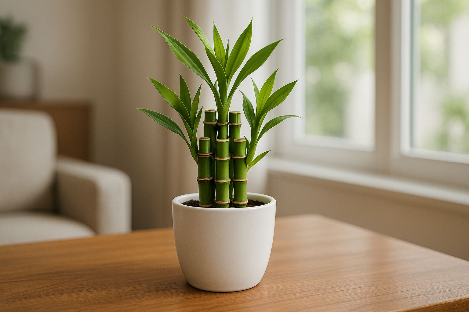 Lucky bamboo give me a image in the white pot of 5 inches with 5 inches of plant where does this plant keeps in house give me a three layer image natural image